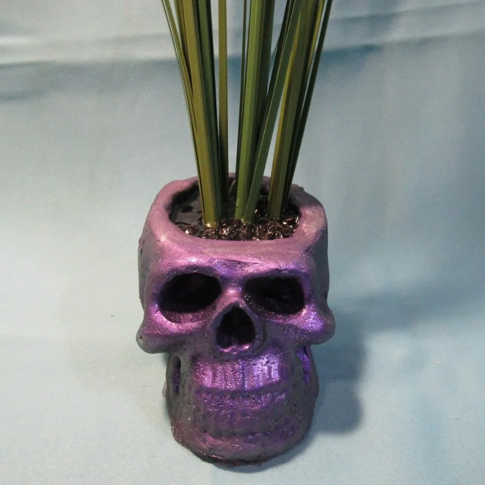 Aquarium Decoration - Purple Zombie Skull with Tall Green Plant.